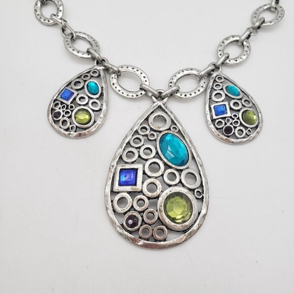 Laura Ashley Teardrop Gemstone Boho Tribal Silver Links Statement Necklace - Picture 2 of 9
